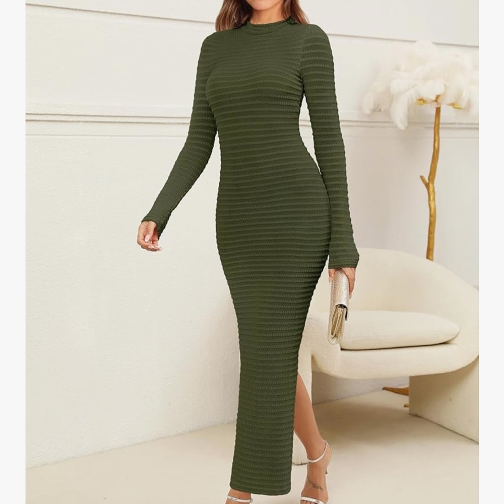Elegant autumn fall textured knit dress Olive Long Sleeve Ribbed Dress